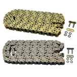 The TC Bros. 120 Link X-Ring 530 Heavy Duty Motorcycle Chain - Natural, shown flat with a master link and four black O-rings, is ideal for motorcycles or machinery and offered by TC Bros.