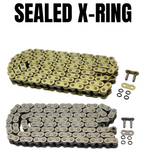 The TC Bros. 120 Link X-Ring 530 Heavy Duty Motorcycle Chain - Natural, shown flat with a master link and four black O-rings, is ideal for motorcycles or machinery and offered by TC Bros.