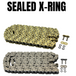 The TC Bros. 120 Link X-Ring 530 Heavy Duty Motorcycle Chain - Natural, shown flat with a master link and four black O-rings, is ideal for motorcycles or machinery and offered by TC Bros.