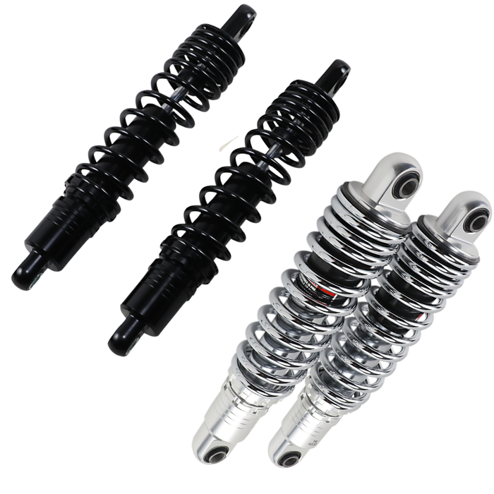 Two chrome coilover shocks, diagonally placed on a white background—Drag Specialties Premium Adjustable Height Shocks for 2004-2022 Harley-Davidson Sportster.