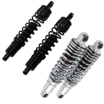 Two chrome coilover shocks, diagonally placed on a white background—Drag Specialties Premium Adjustable Height Shocks for 2004-2022 Harley-Davidson Sportster.