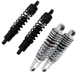 Two chrome coilover shocks, diagonally placed on a white background—Drag Specialties Premium Adjustable Height Shocks for 2004-2022 Harley-Davidson Sportster.