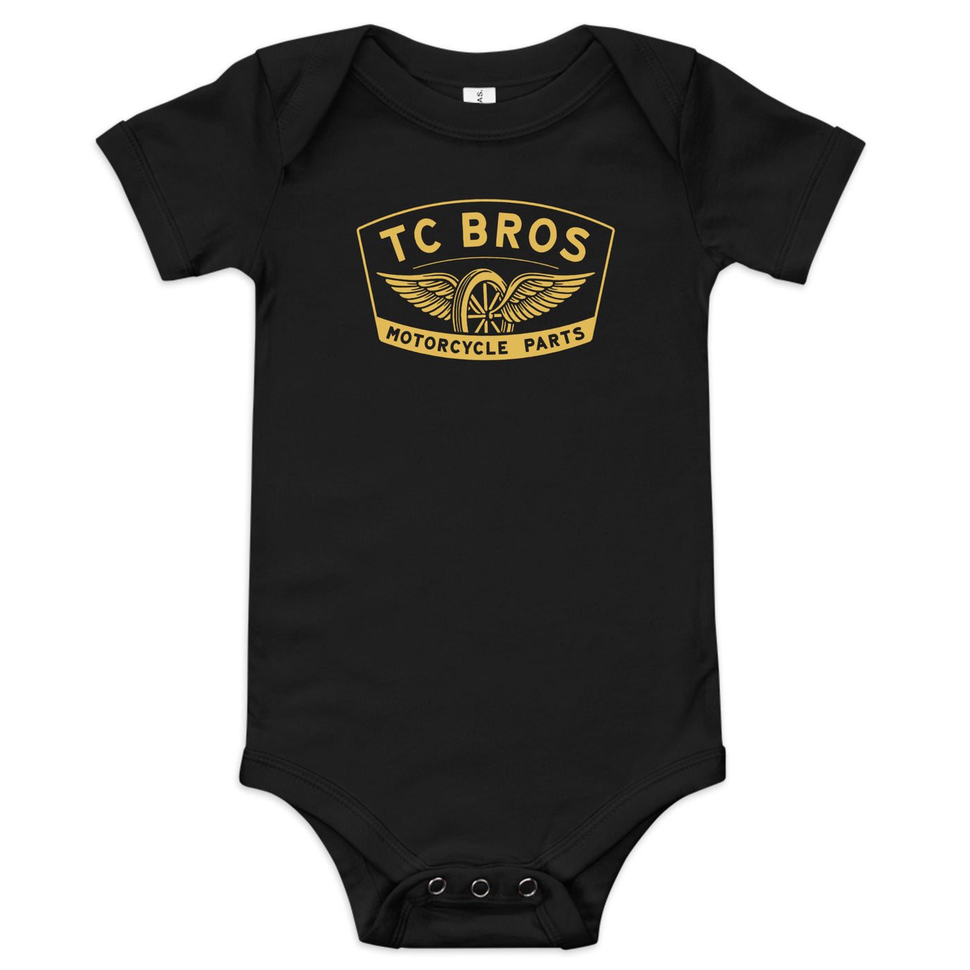 Black cotton Baby Short Sleeve One Piece - Winged Wheel - Black/Gold with three-snap leg closure and TC Bros motorcycle parts logo.