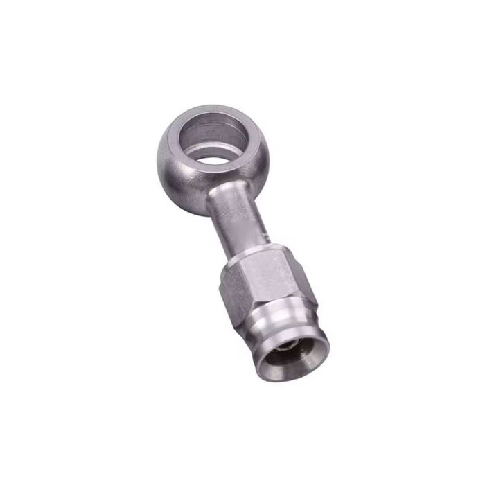 Four Universal Brake Line Fittings For Cut-To-Length Brake Lines by Universal, each in a different shape and finish, are shown on a white background—ideal as universal hydraulic banjo fittings for motorcycles.