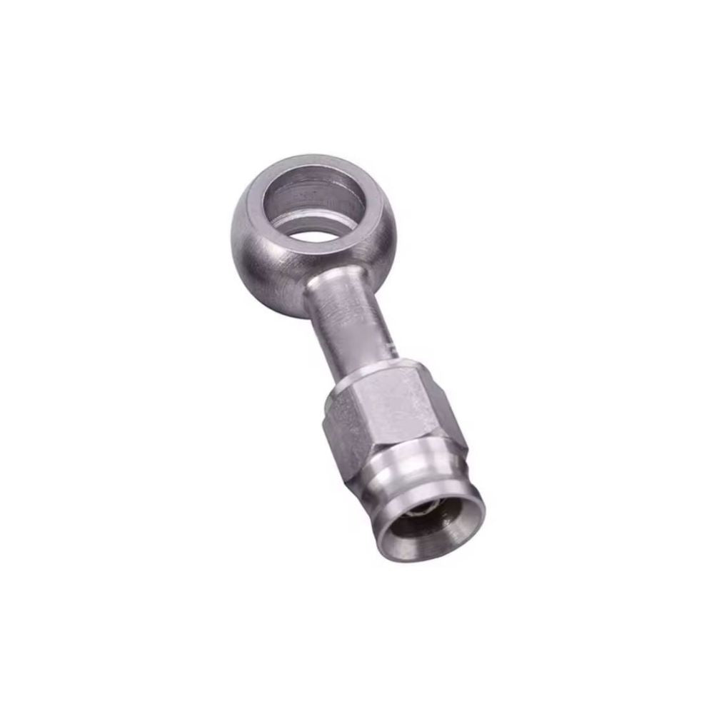 Four Universal Brake Line Fittings For Cut-To-Length Brake Lines by Universal, each in a different shape and finish, are shown on a white background—ideal as universal hydraulic banjo fittings for motorcycles.