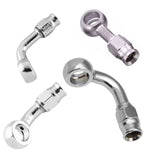 Four Universal Brake Line Fittings For Cut-To-Length Brake Lines by Universal, each in a different shape and finish, are shown on a white background—ideal as universal hydraulic banjo fittings for motorcycles.