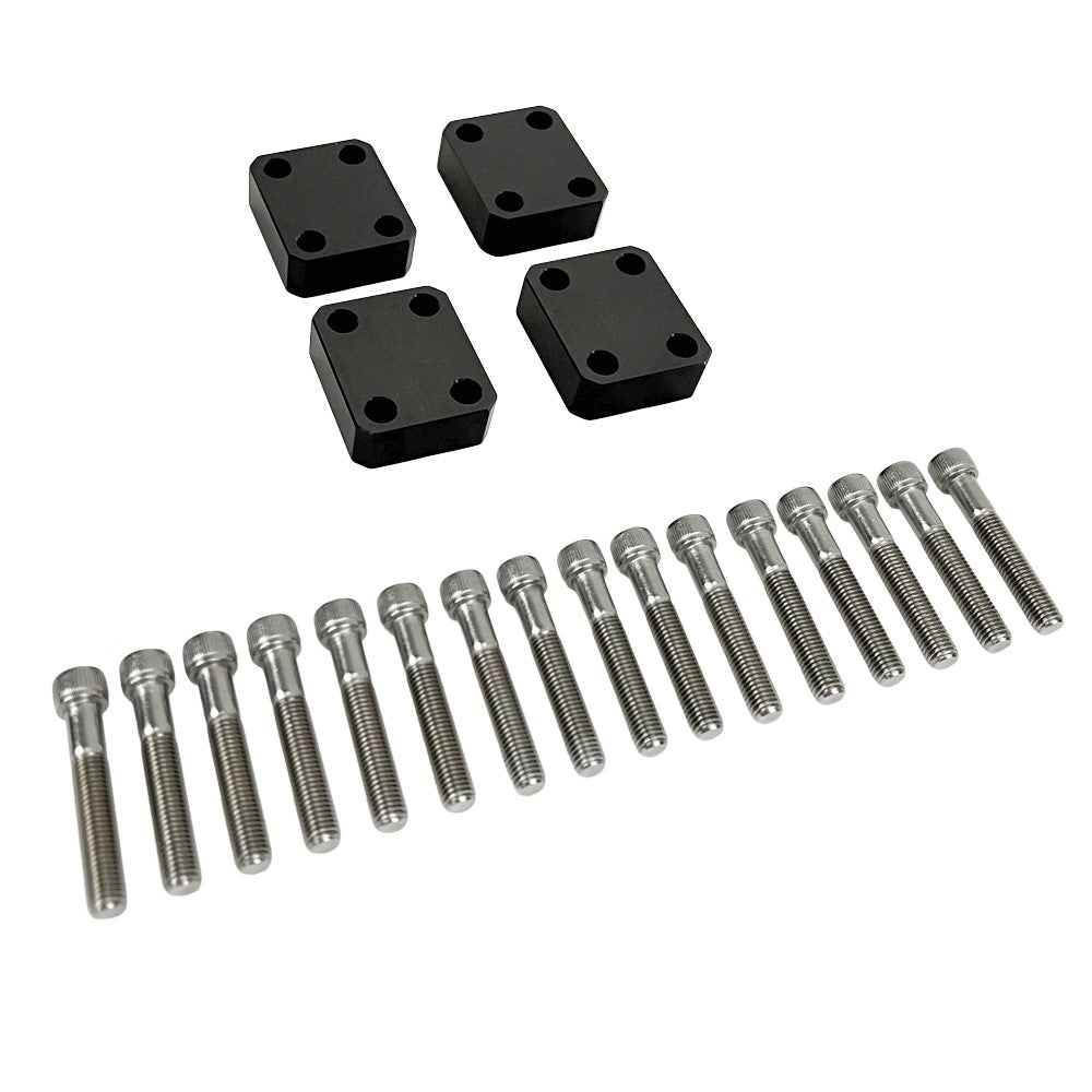 The TC Bros. Pro Series MX Floorboard Lift Kit, designed for Harley Davidson Bagger Touring Models, includes four black mounting blocks and sixteen silver bolts to enhance ground clearance, arranged in rows on a white background.