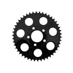 Two TC Bros. Rear Sprockets for Chain Driven Harley-Davidson 2000-Up—one black, one chrome—each with six large holes and 51 teeth, ideal for your next 530 chain conversion.