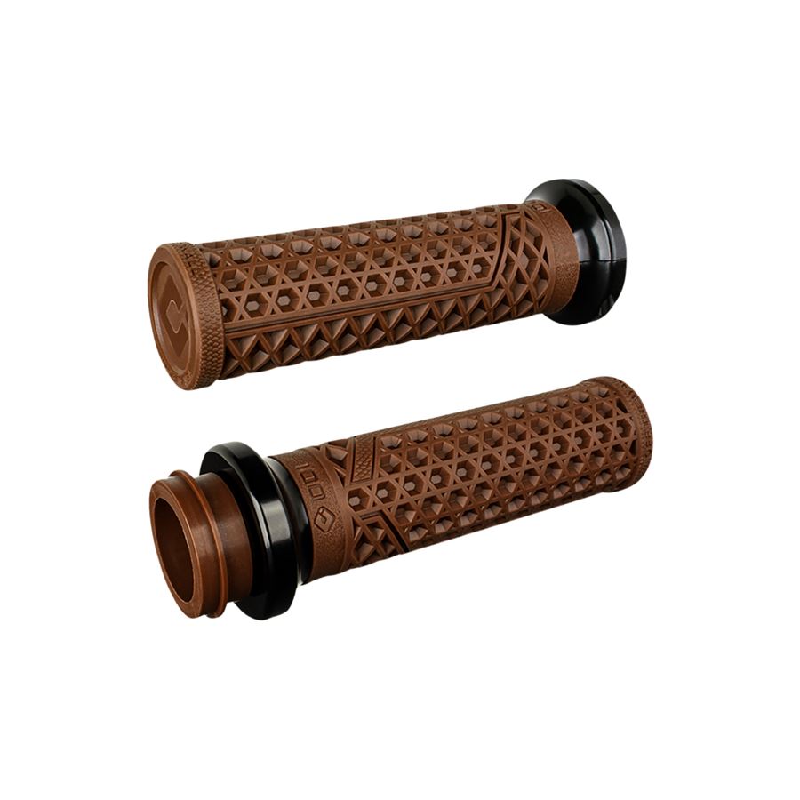 A pair of brown ODI Lock-On V-Twin Grips For Harley - Throttle By Wire - Brown/Black on a white background.