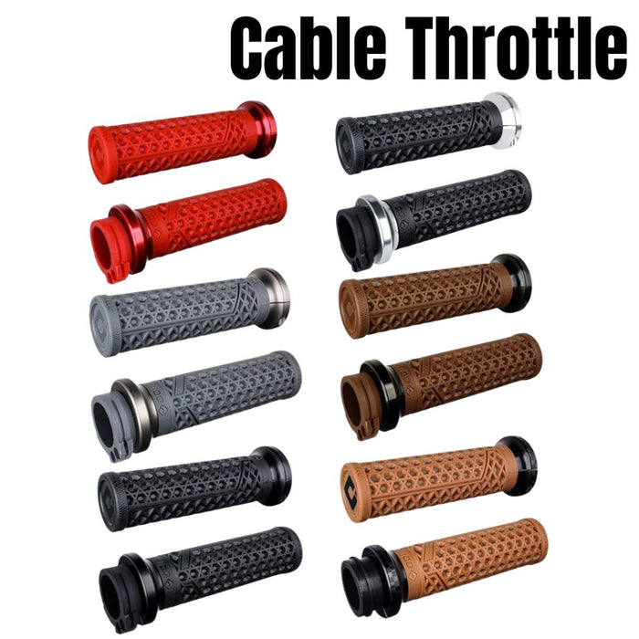 A pair of black, textured ODI Lock-On V-Twin Grips For Harley - Cable Throttle - bike handlebar grips with end caps.