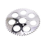 Two TC Bros. Rear Sprockets for Chain Driven Harley-Davidson 2000-Up—one black, one chrome—each with six large holes and 51 teeth, ideal for your next 530 chain conversion.