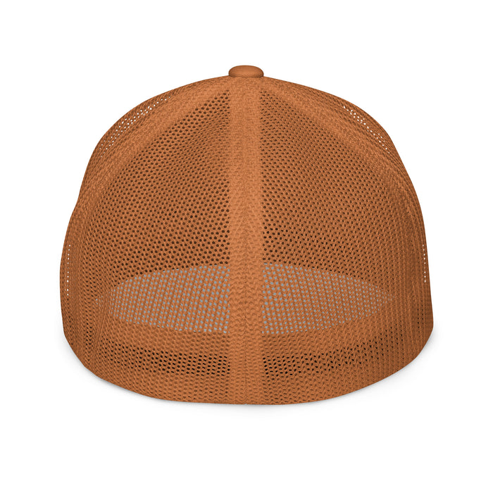 Brown TC Bros. Flex Fit Closed-Back Trucker Cap with mesh back and embroidered logo on the side.