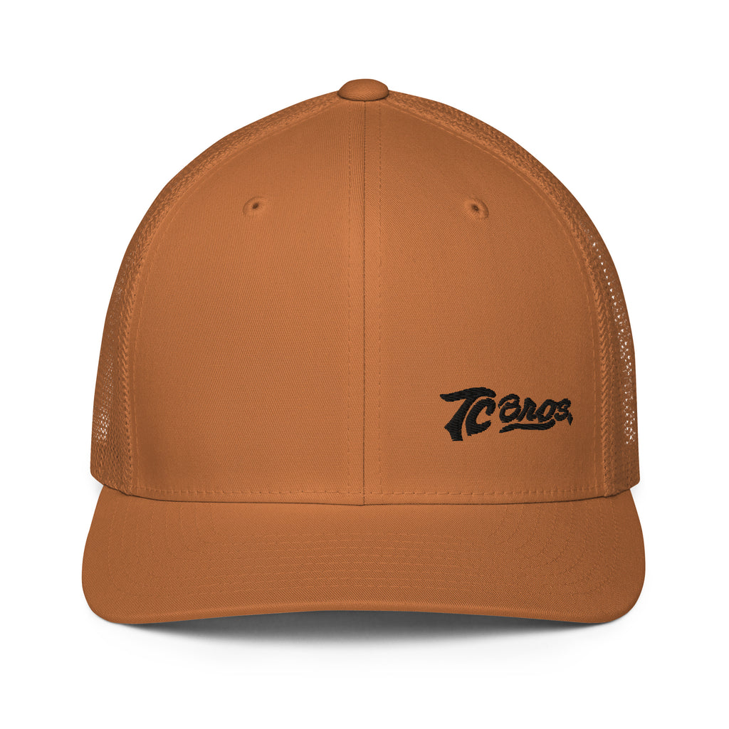 Brown TC Bros. Flex Fit Closed-Back Trucker Cap with mesh back and embroidered logo on the side.