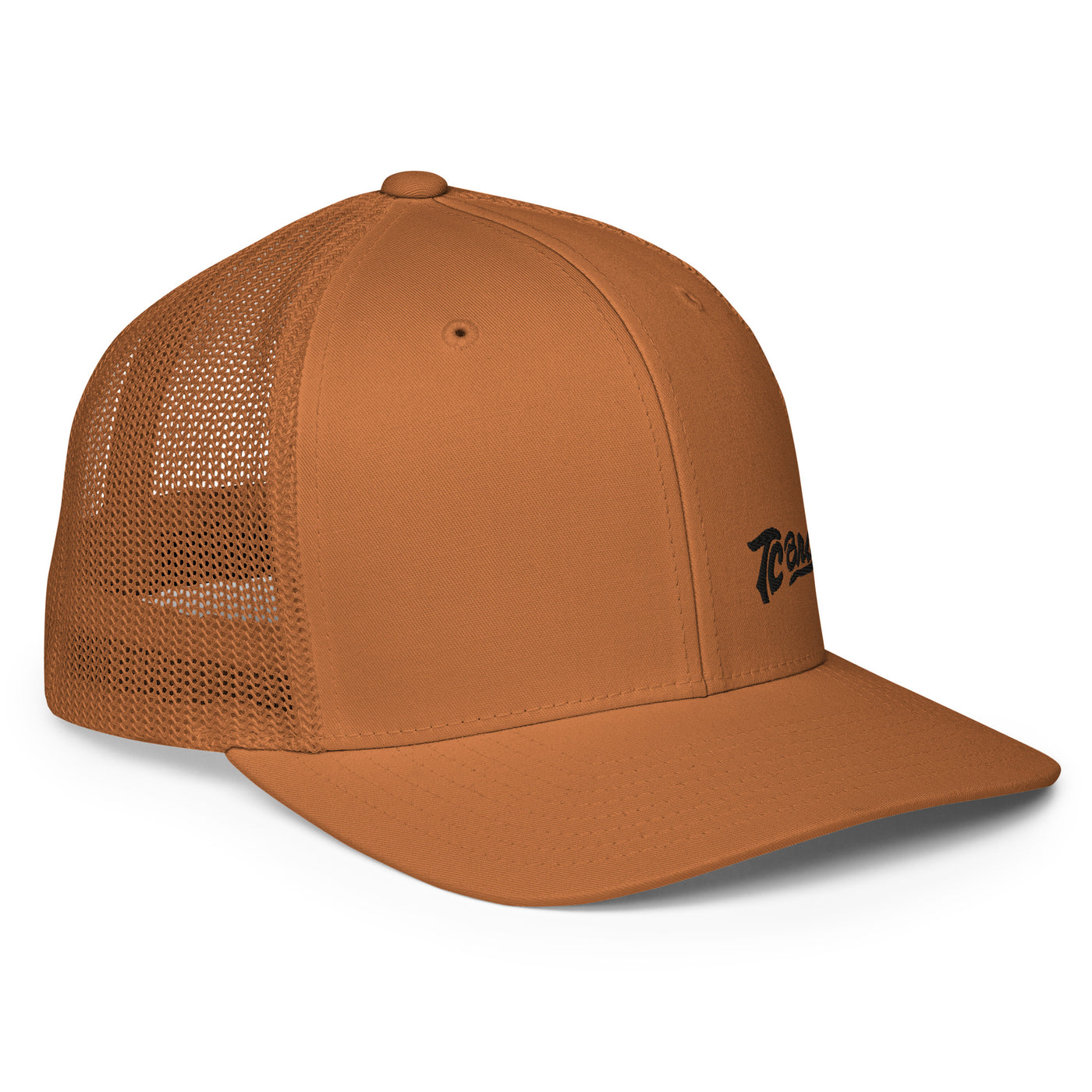 Brown TC Bros. Flex Fit Closed-Back Trucker Cap with mesh back and embroidered logo on the side.