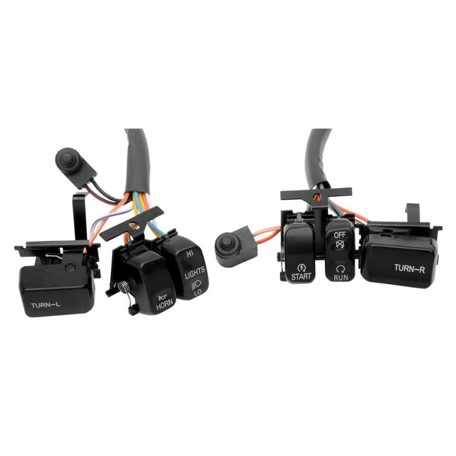 A pair of Drag Specialties Black Handlebar Switch Kit For Harley 1996-2013, with wires attached to them, designed to meet Harley's OEM specifications.