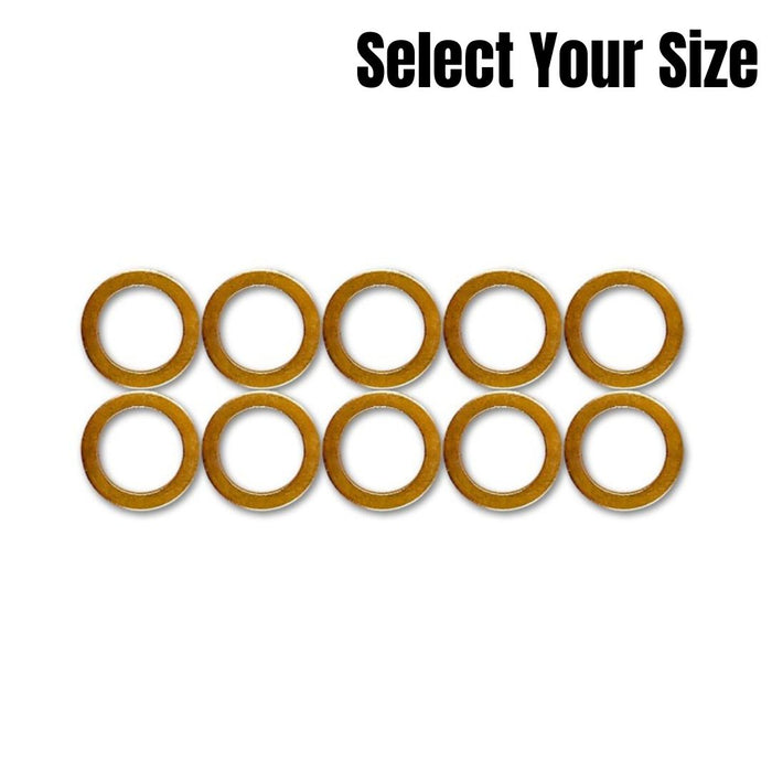 A set of ten Goodridge Crush Washers, displayed in two rows of five with “Select Your Size” in the top right corner on a white background—ideal for any motorcycle brake system.
