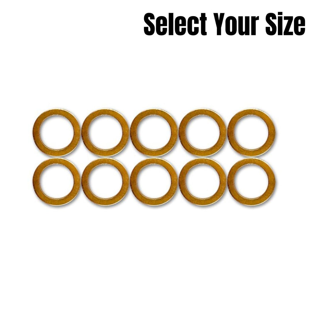 A set of ten Goodridge Crush Washers, displayed in two rows of five with “Select Your Size” in the top right corner on a white background—ideal for any motorcycle brake system.
