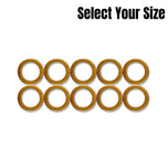 A set of ten Goodridge Crush Washers, displayed in two rows of five with “Select Your Size” in the top right corner on a white background—ideal for any motorcycle brake system.