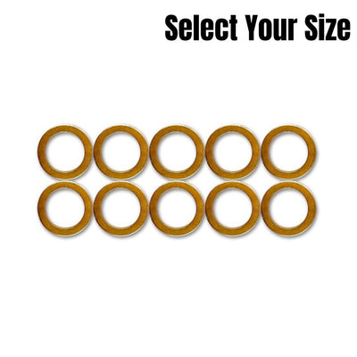 A set of ten Goodridge Crush Washers, displayed in two rows of five with “Select Your Size” in the top right corner on a white background—ideal for any motorcycle brake system.