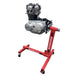 A Yamaha motorcycle engine is securely mounted on a Chop Source Deluxe Yamaha XS650 Engine Stand Brackets by Chop Source, positioned against a plain white wall.