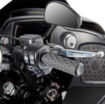Arlen Ness Fusion Diamond Grips for Harley-Davidson Cable Throttle in black, featuring a textured diamond pattern, are displayed on a white background.