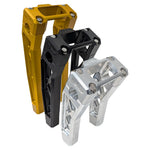 Three TC Bros. Pro Series Truss Digital Gauge Pullback Risers for Harley-Davidson Softail (2018-2024) in gold, black, and silver are upright against a white background, showcasing their durable style.
