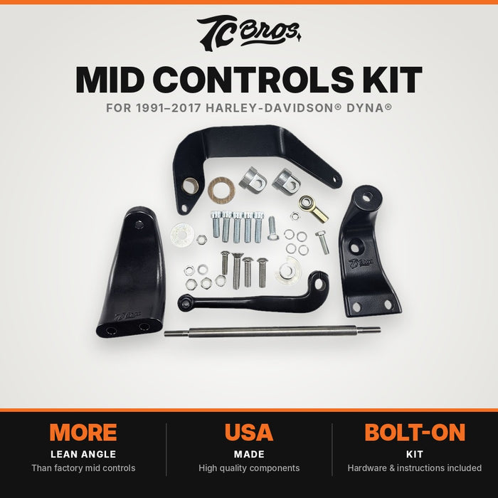 The TC Bros. Mid Controls Deluxe Kit for 1991-2017 Harley-Davidson Dyna includes black metal brackets, a rod, bolts, washers, nuts, and small hardware—ideal parts for customizing your bike—displayed on a white background.