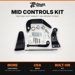The TC Bros. Mid Controls Deluxe Kit for 1991-2017 Harley-Davidson Dyna includes black metal brackets, a rod, bolts, washers, nuts, and small hardware—ideal parts for customizing your bike—displayed on a white background.