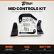 The TC Bros. Mid Controls Deluxe Kit for 1991-2017 Harley-Davidson Dyna includes black metal brackets, a rod, bolts, washers, nuts, and small hardware—ideal parts for customizing your bike—displayed on a white background.