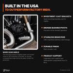 The TC Bros. Mid Controls Deluxe Kit for 1991-2017 Harley-Davidson Dyna includes black metal brackets, a rod, bolts, washers, nuts, and small hardware—ideal parts for customizing your bike—displayed on a white background.