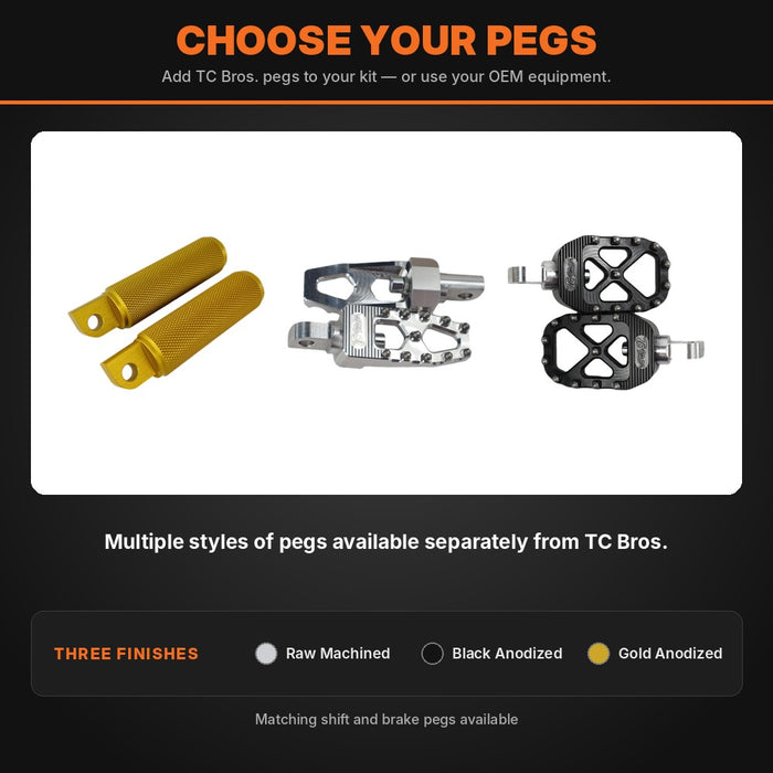 The TC Bros. Mid Controls Deluxe Kit for 1991-2017 Harley-Davidson Dyna includes black metal brackets, a rod, bolts, washers, nuts, and small hardware—ideal parts for customizing your bike—displayed on a white background.