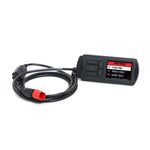 The Dynojet Power Vision 3 2021-2022 M8 Harley Softail/Touring MT22 ECU fuel tuner is a handheld electronic device with a screen displaying a menu and buttons for navigation, connected to a cable with a red plug, perfect for enhancing your Harley Softail's performance.