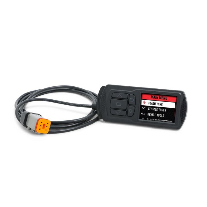 The Dynojet Power Vision 3 is a handheld ECU tuner with a digital screen, control buttons, and a yellow connector—ideal for 11-20 Softail, 12-17 Dyna, 14-20 Sportster/Touring, and 15-20 Street 500/7 models.