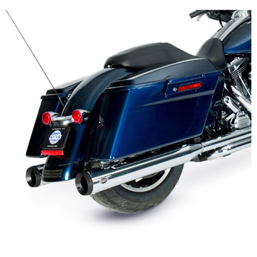 Sentence with replacement: Two GRAND NATIONAL® SLIP-ONS for 1995-2016 Touring Models and 2009-2022 Trike Models in Chrome by S&S Cycle stand out against a white background.