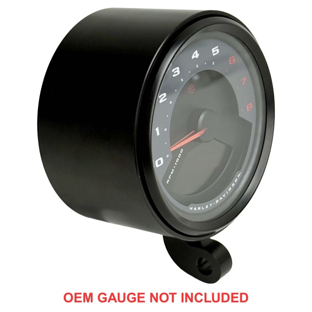 Two cylindrical motorcycle tachometer bezels from TC Bros., including the Pro Series 4 inch Gauge Relocation Bezel for Harley Davidson, in black and silver finishes with similar gauge faces featuring numbers and a red needle.