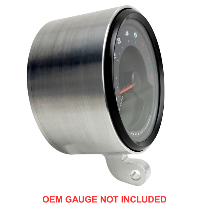 Two cylindrical motorcycle tachometer bezels from TC Bros., including the Pro Series 4 inch Gauge Relocation Bezel for Harley Davidson, in black and silver finishes with similar gauge faces featuring numbers and a red needle.