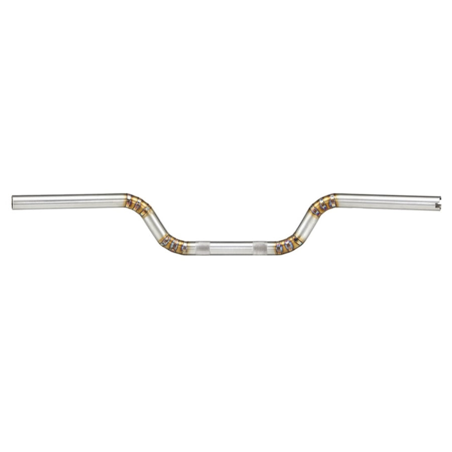 The Arlen Ness Welded Stainless Steel MX Tracker Handlebars - 1" (TBW & Cable) with a gold finish gracefully enhance the handlebar of a motorcycle, all while providing optimal control for the rider.
