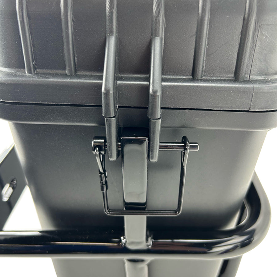 Two black, rugged, waterproof Speedwell Vigilante Saddlebags with sturdy handles, displayed against a white background.