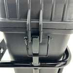 Two black, waterproof Speedwell Vigilante Saddlebags - Harley M8 Softail (with tail light/turn signal kit) with handles, one open and one closed, displayed against a white background.