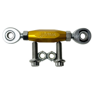 The TC Bros. FXR & M8 Softail Adjustable Shifter Linkage for Mid Controls showcases three adjustable turnbuckle rod ends in black, gold, and silver, arranged vertically. Crafted from CNC machined aluminum, these precision parts are ideal for Harley Davidson shifter linkage applications. Two bolts and two nuts are neatly placed below the rod ends, completing the arrangement.