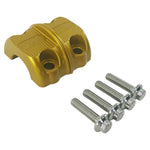 Close-up of TC Bros. Pro Series Clutch and Brake Perch Clamps for 1984-Up Harley-Davidson motorcycles, designed for 1" handlebars, showing control buttons, bolts, and the engraved TC Bros. brand name.