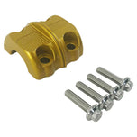 Three TC Bros. Pro Series Clutch & Brake Perch Clamp Sets in black, gold, and silver are aligned in a row above four silver screws on a white background, perfectly suited for Harley Softail, Touring, Dyna, and Sportster handlebars.