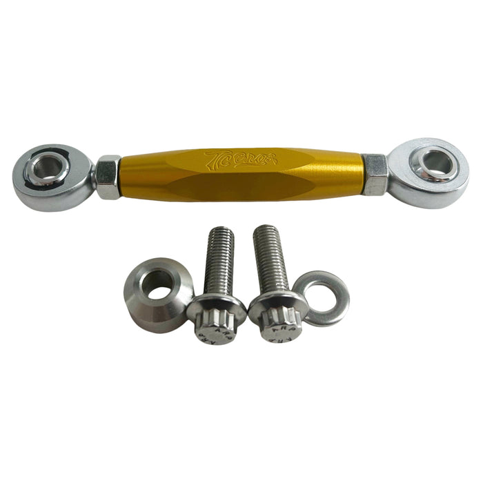 The TC Bros. M8 Softail Adjustable Brake Linkage for Mid Controls includes three adjustable rod end bearings in black, gold, and silver, each with engraved branding. Ideal for Harley Davidson M8 Softail mid controls, the set comprises two bolts, two lock nuts, and two washers for precise adjustments.