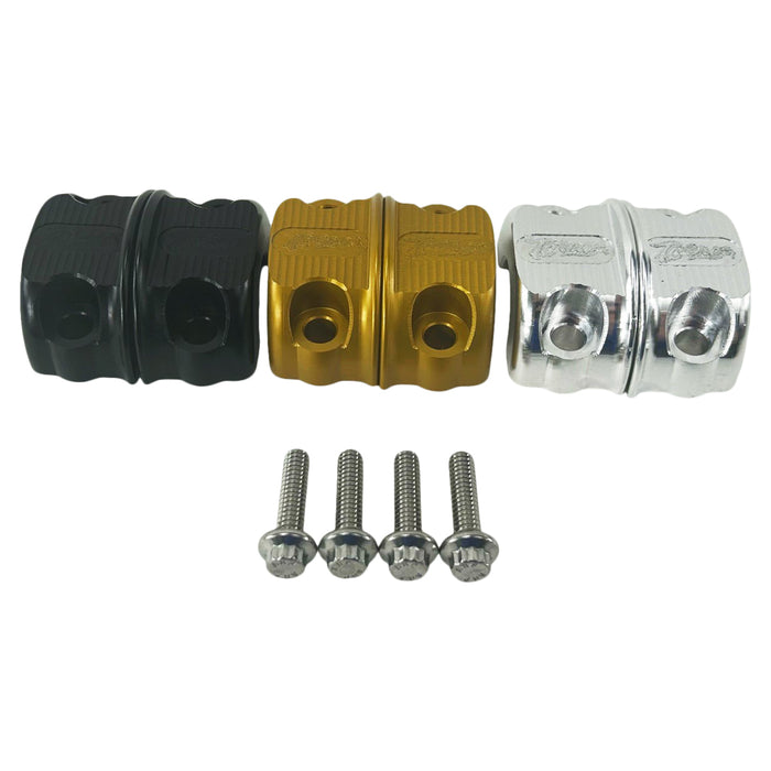 Three TC Bros. Pro Series Clutch & Brake Perch Clamp Sets in black, gold, and silver are aligned in a row above four silver screws on a white background, perfectly suited for Harley Softail, Touring, Dyna, and Sportster handlebars.