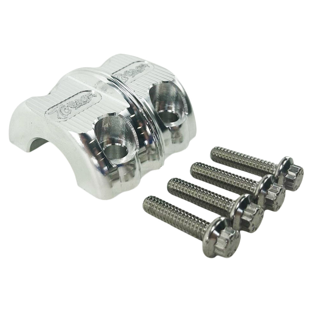 Three TC Bros. Pro Series Clutch & Brake Perch Clamp Sets in black, gold, and silver are aligned in a row above four silver screws on a white background, perfectly suited for Harley Softail, Touring, Dyna, and Sportster handlebars.