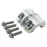 Close-up of TC Bros. Pro Series Clutch and Brake Perch Clamps for 1984-Up Harley-Davidson motorcycles, designed for 1" handlebars, showing control buttons, bolts, and the engraved TC Bros. brand name.