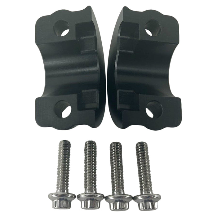 Three TC Bros. Pro Series Clutch & Brake Perch Clamp Sets in black, gold, and silver are aligned in a row above four silver screws on a white background, perfectly suited for Harley Softail, Touring, Dyna, and Sportster handlebars.