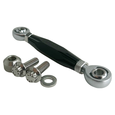 The TC Bros. M8 Softail Adjustable Brake Linkage for Mid Controls includes three adjustable rod end bearings in black, gold, and silver, each with engraved branding. Ideal for Harley Davidson M8 Softail mid controls, the set comprises two bolts, two lock nuts, and two washers for precise adjustments.