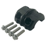 Close-up of TC Bros. Pro Series Clutch and Brake Perch Clamps for 1984-Up Harley-Davidson motorcycles, designed for 1" handlebars, showing control buttons, bolts, and the engraved TC Bros. brand name.