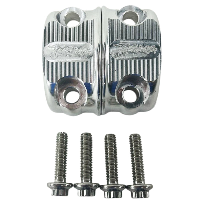 Three TC Bros. Pro Series Clutch & Brake Perch Clamp Sets in black, gold, and silver are aligned in a row above four silver screws on a white background, perfectly suited for Harley Softail, Touring, Dyna, and Sportster handlebars.